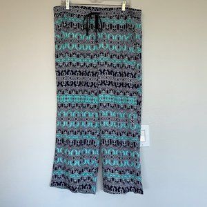 Wide leg rayon print teal/navy/white flowing pants XL